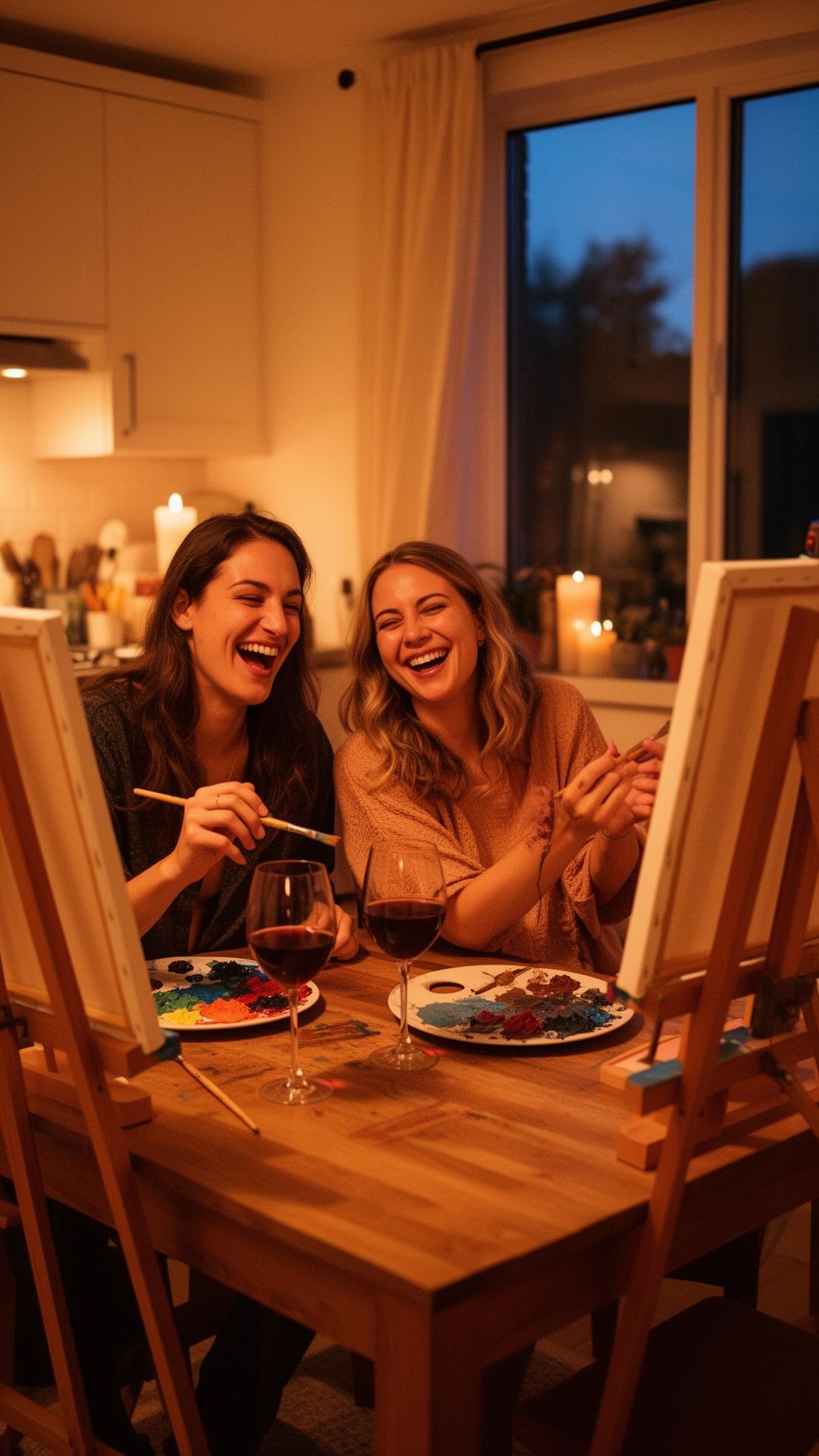 Couple painting together at a kitchen table